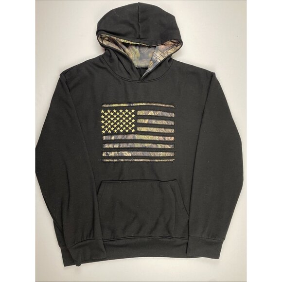 Mossy Oak Hoodie Sweatshirt Mens XL Camo Flag Pullover Hooded Outdoors Black - Picture 2 of 9